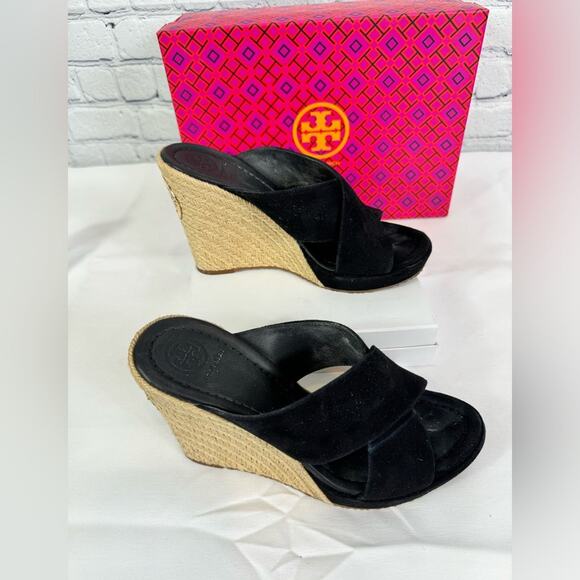 #TORY BURCH Bailey 110mm Wedge Mules Suede Black Size 7.5 - Picture 4 of 8